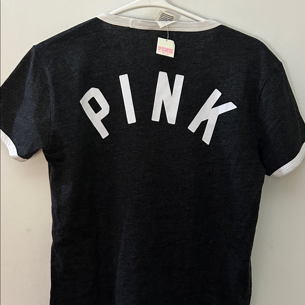 PINK Victoria's Secret Black Tee with White Logo and Trim NWT